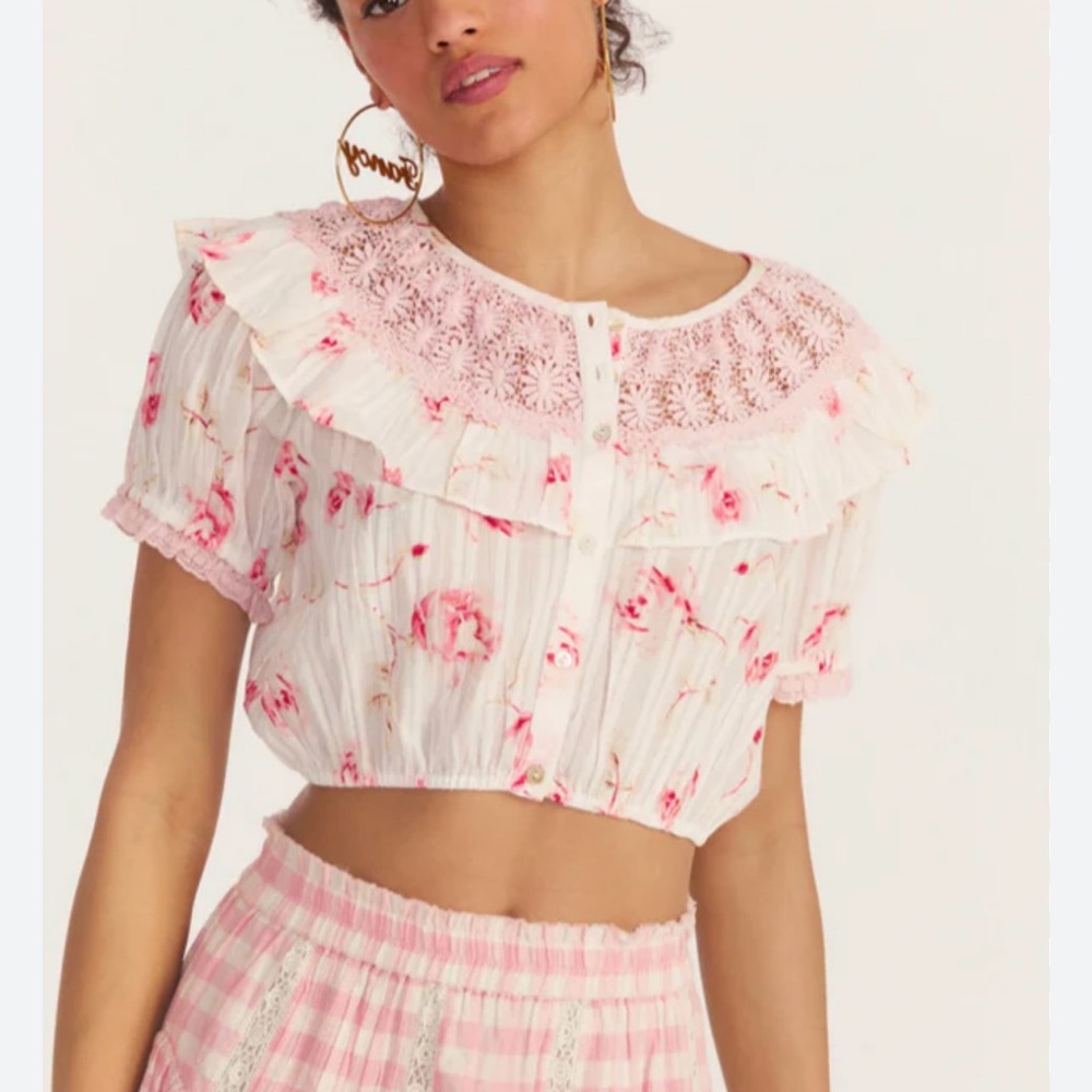 LoveShackFancy Pink Ruffled Crop Blouse